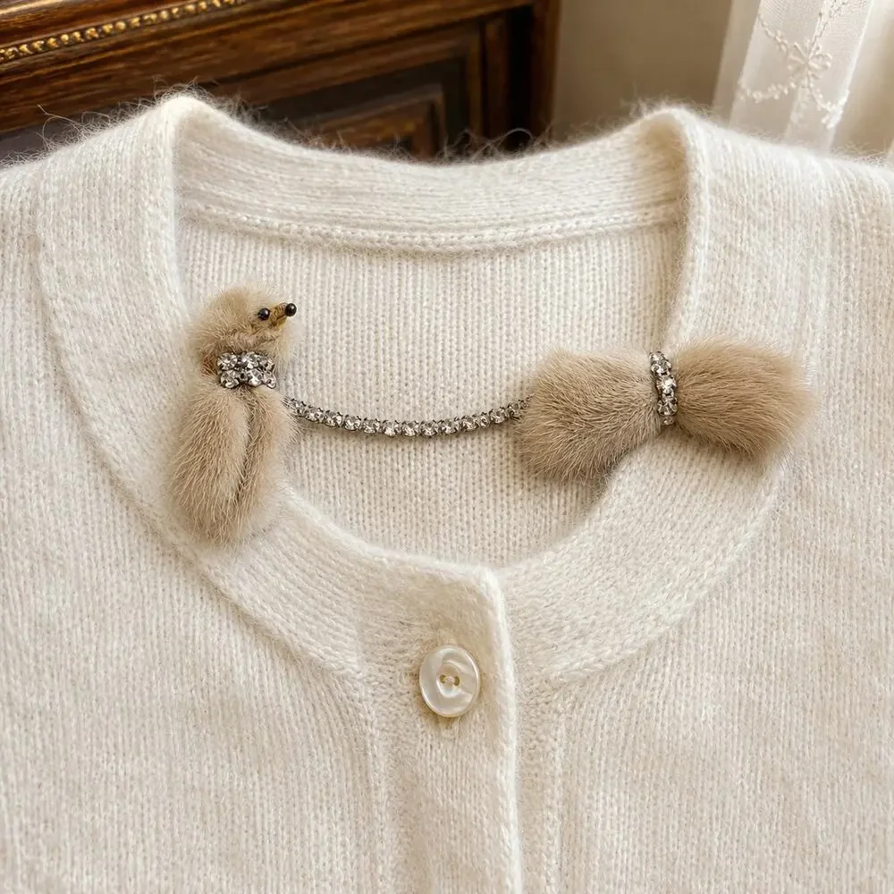 Vintage Mink Fur Mouse Sweater Guard Rhinestone Chain Double Brooch